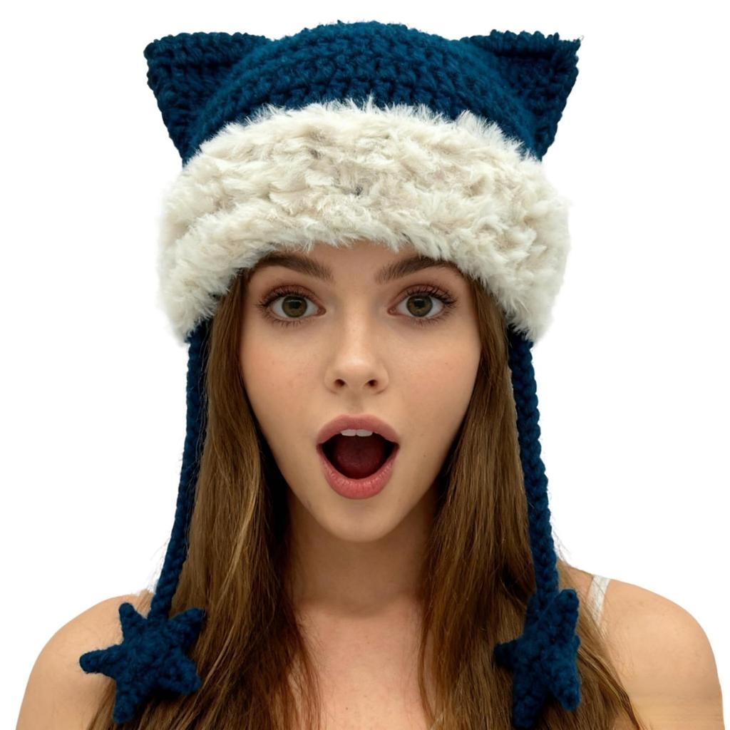 Women's Hand-Knitted Star Striped -Ear Braid Hat With Ear Protectioned, Fashionable And Versatile Cap