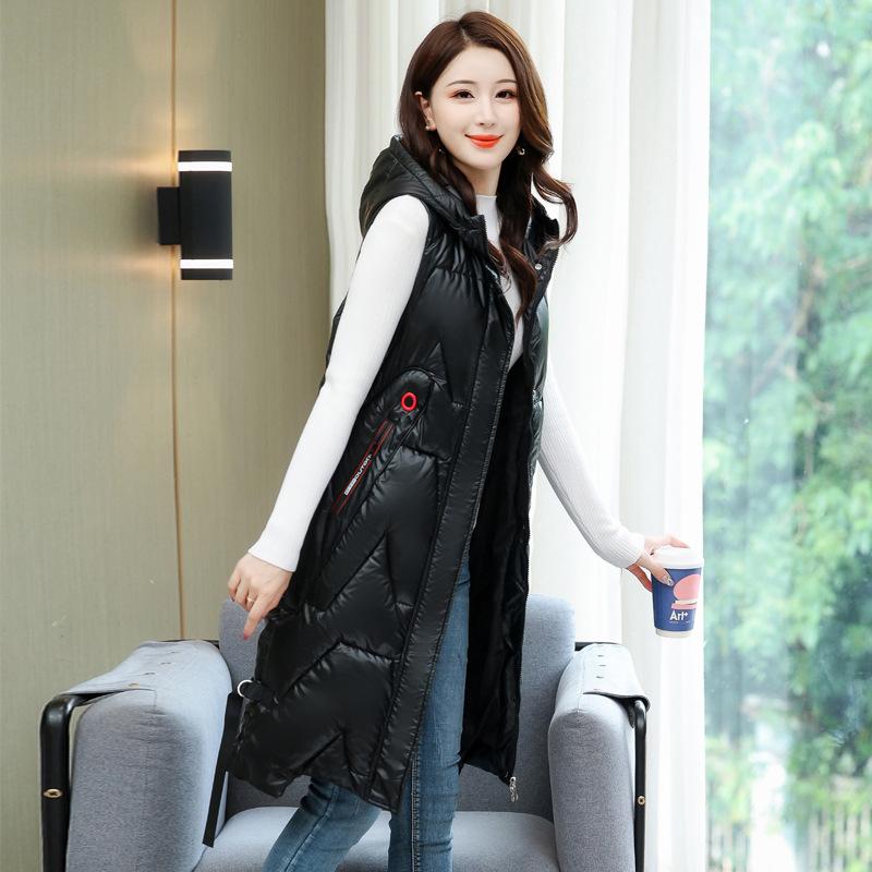 Women's Autumn and Winter Long Warm Vest Puffy Zipper Warm Vest Hooded Lined Padded Cotton Vests