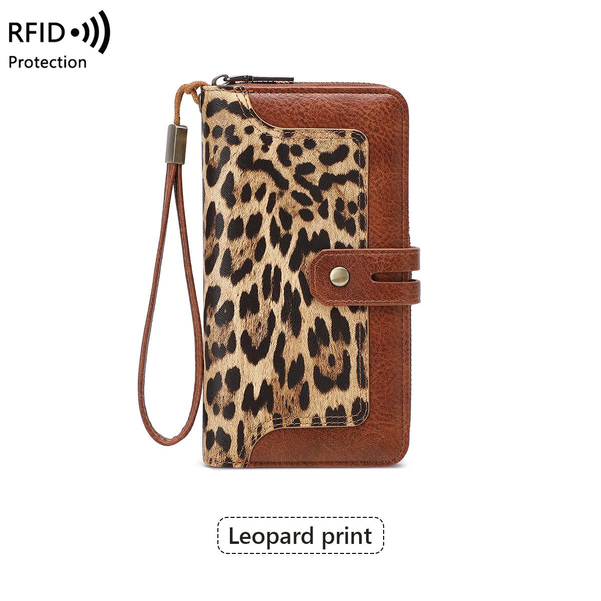RFID women s long wallet retro leopard print large capacity wallet fashionable zipper clutch