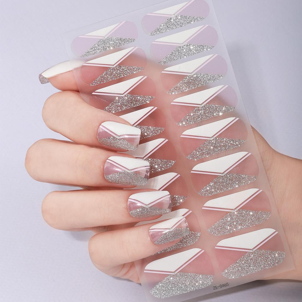 16Tips DIY Baking-Free Nail Stickers Shiny French Stripes Nail Patch Full Cover Adhesive Nail Wraps Manicures Decoration Decal