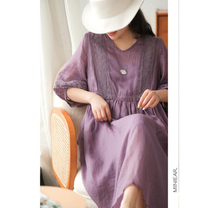 Literary Style Lace-up  Long V-neck Small Refreshing  Comfortable Fashion Simple Seven-minute Sleeve Women DressPlus Size