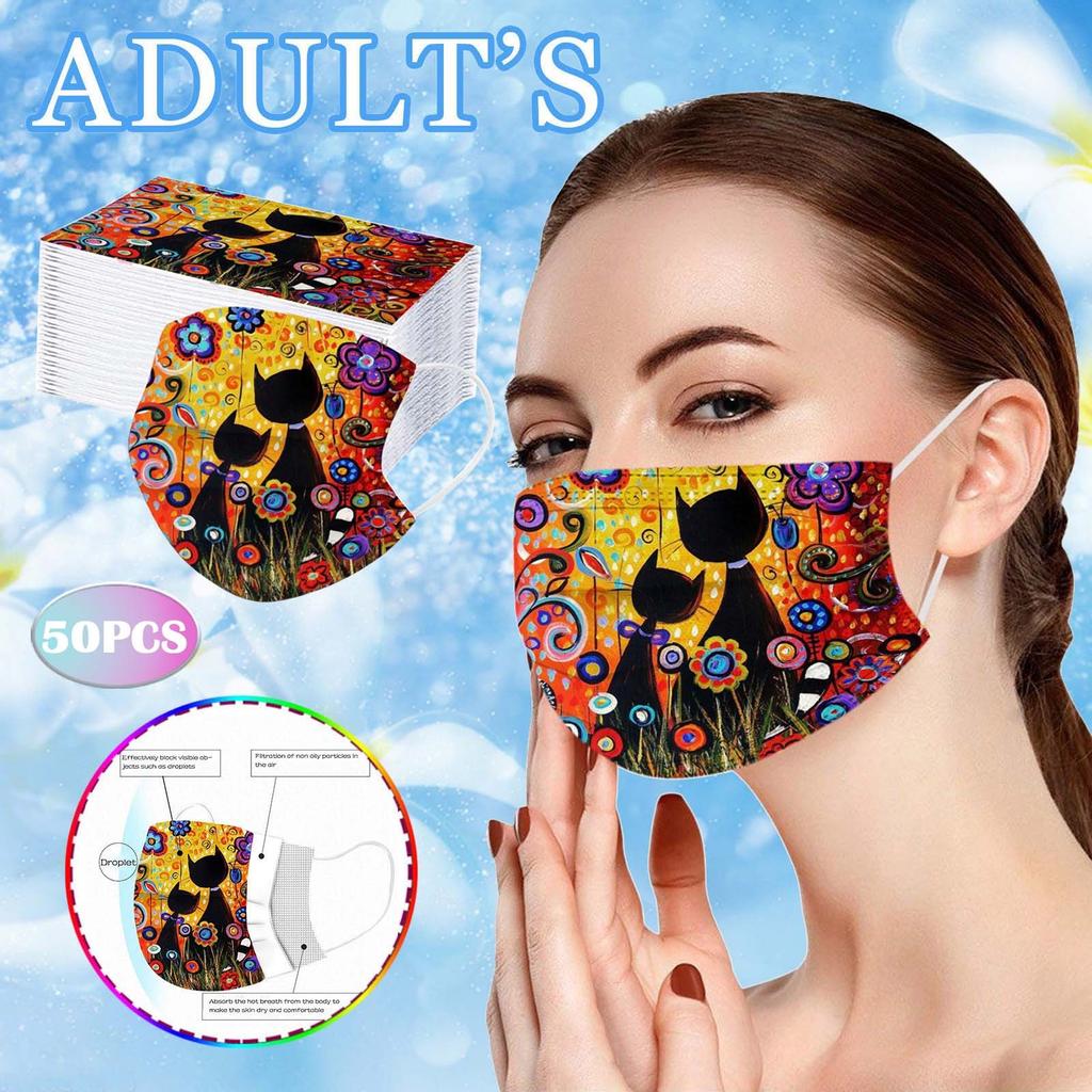 50PC Adult Flowers Cat Cartoons Printing Three-Layer Disposable Protective Mask