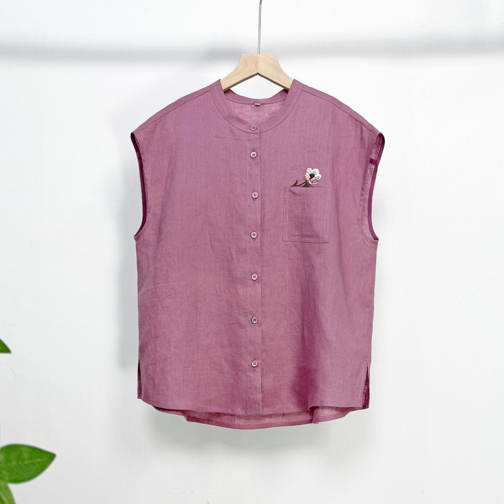 Literary Retro Women's Sleeveless Linen Embroidered Blouse - Summer Stand Collar Loose Fit, Slimming Plus Size.