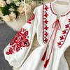 Bohemian Ethnic Style Embroidered Flowers, Round Neck, Lantern Sleeves, Pleated Loose, Slimming, Versatile Long Dress for Women