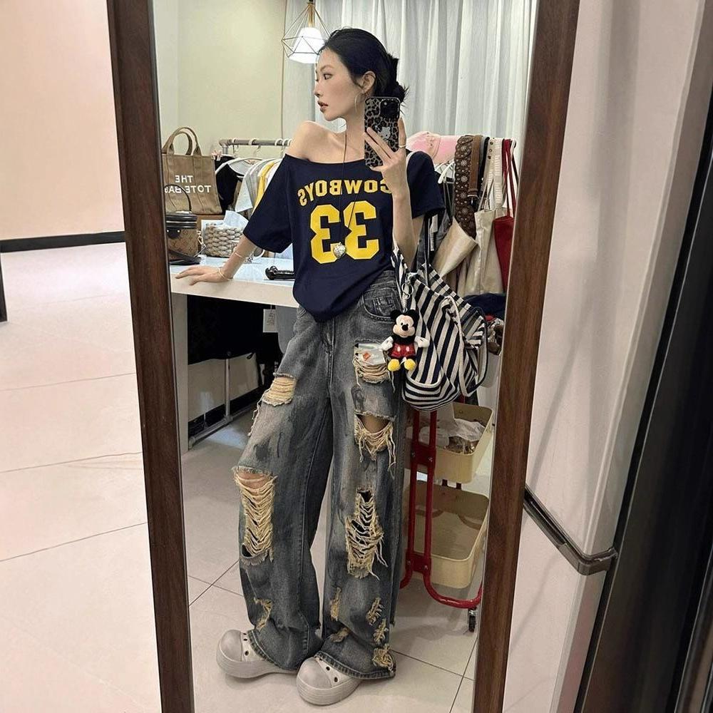 Scrap Earth Wind Splash Ink Broken Hole Jeans Female Autumn Big Yards Drape Straight Trailing Pants Retro Street Style Baggy Long Jeans for Ladies