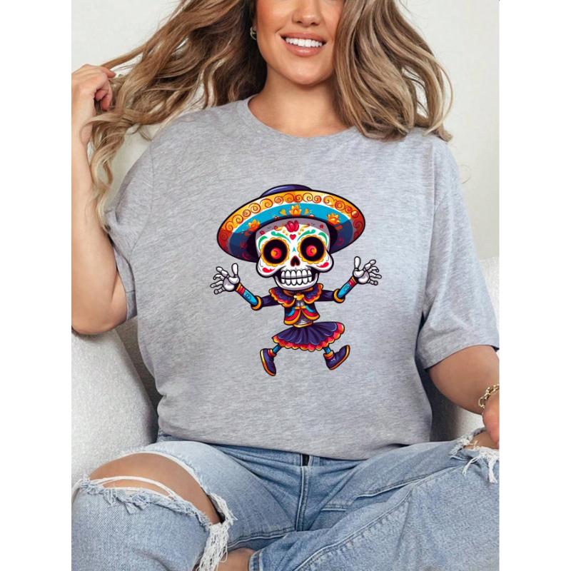 

Футболка с изображением танцующего скелета в традиционной одежде, футболка унисекс для всех, веселый и красочный дизайн для Dia De Los Muertos L