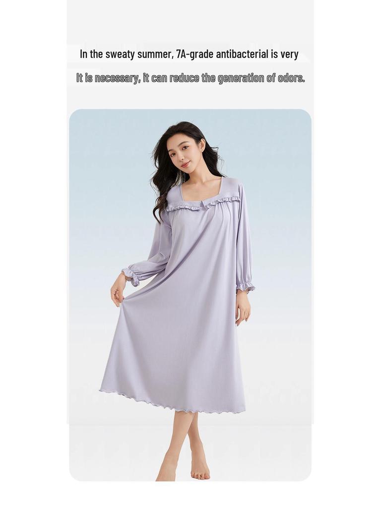 Plus Size Tencel Cotton Pajamas with Bra Pads: Summer Long Sleeve Cooling Nightgown for Women