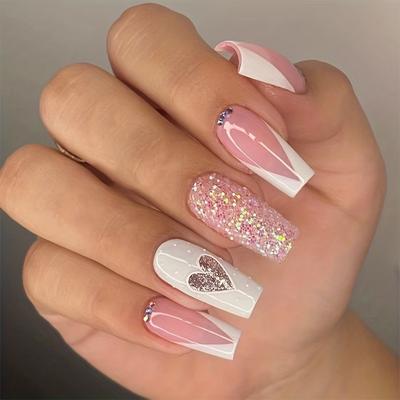 24pcs Sparkling Heart Design Press On Nails - Long Length Ballerina Coffin Acrylic Fake Nails with Rhinestones and Sequins