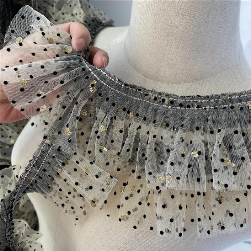 3 metry/partia 8 cm szerokości beżowa siatka czarna kropka tkanina/brązowe złote kropki plisy koronkowe wykończenie akcesoria do sukienki dla zwierząt/lalek