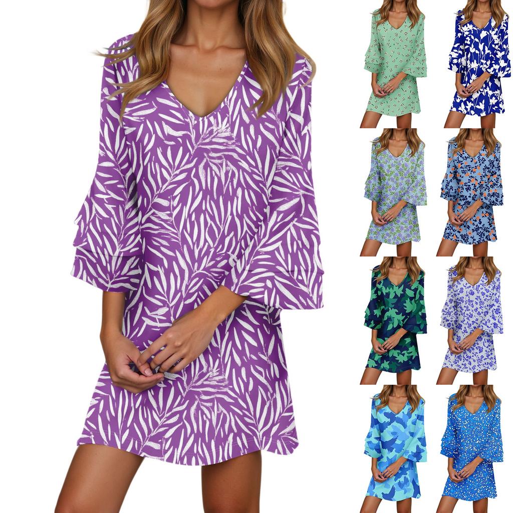 Women's Casual Fashion Floral Print V-Neck Loose 3/4 Sleeve Dress