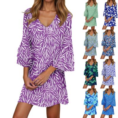 Women's Casual Fashion Floral Print V-Neck Loose 3/4 Sleeve Dress