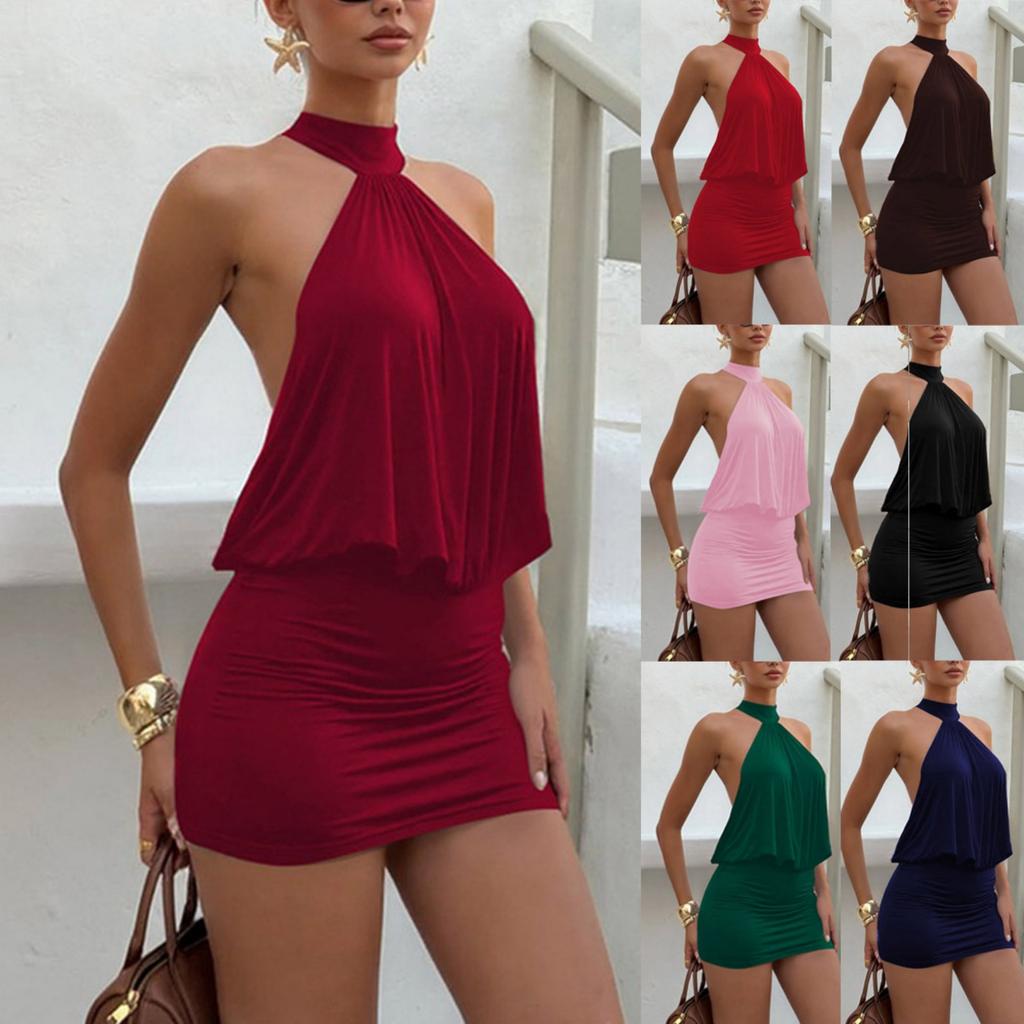 Women Sleeveless Neck Backless Tie Bodycon Mini Dress with Ruched for Evening Party Clubwear