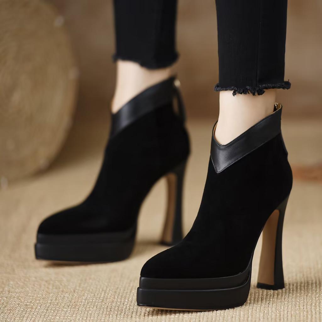 Elegant Women Ankle Boots Suede High Heels Shoes Sexy New Chunky Shoes Designer 2025 Winter Boots Woman Pumps