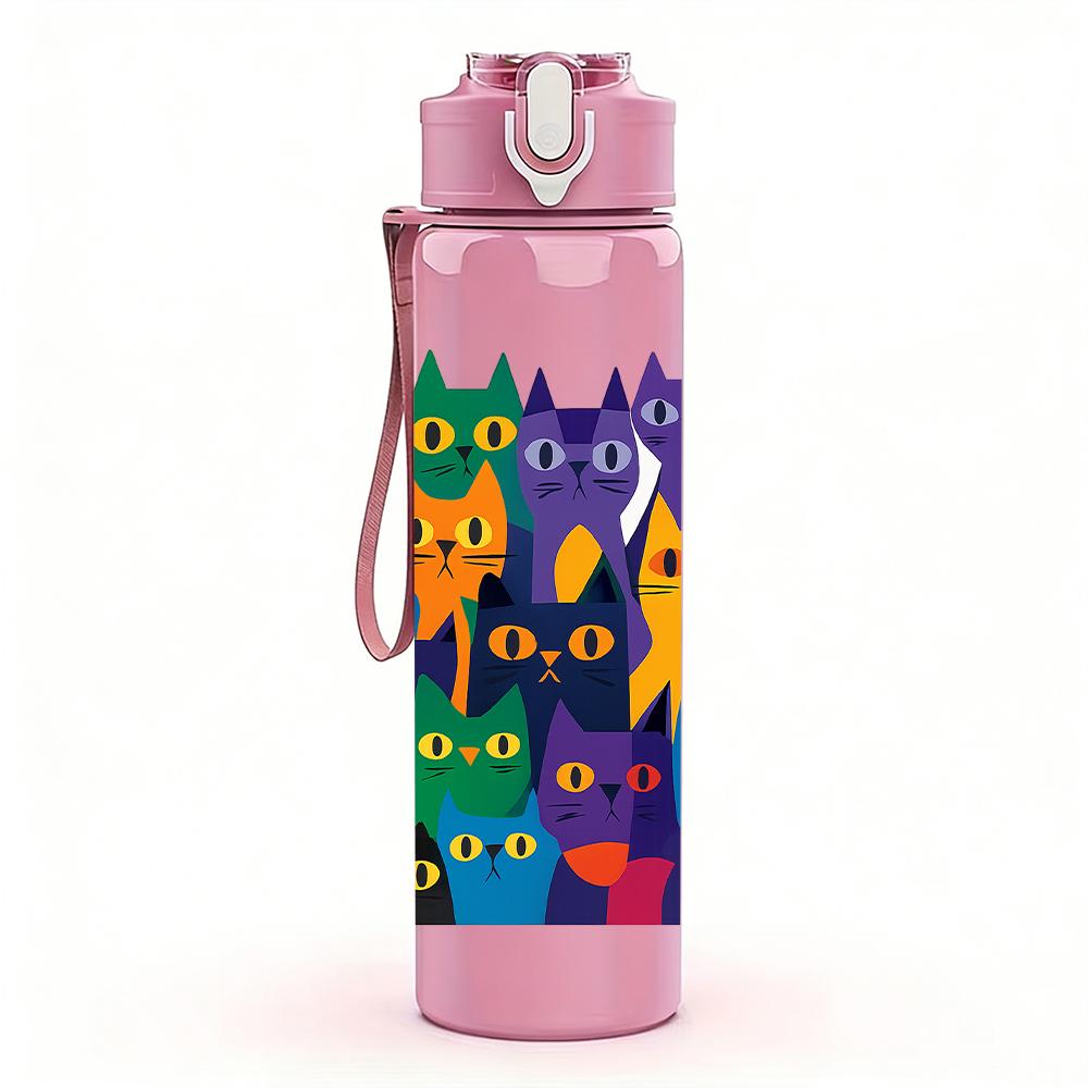1PC Multi Color Cat Group Collage 750ml Color Plastic Sports Water Bottle Leakproof Flip Straw Lid For Sports Office Home Use