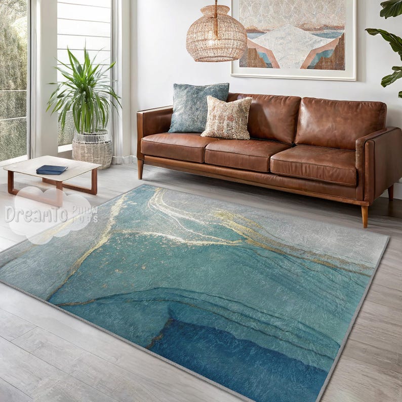 Turquoise Ocean Marble AbstractRug,Elegant Coastal Aqua Decor,Golden Veined Watercolor Interior Mat,Teal Beach Inspired