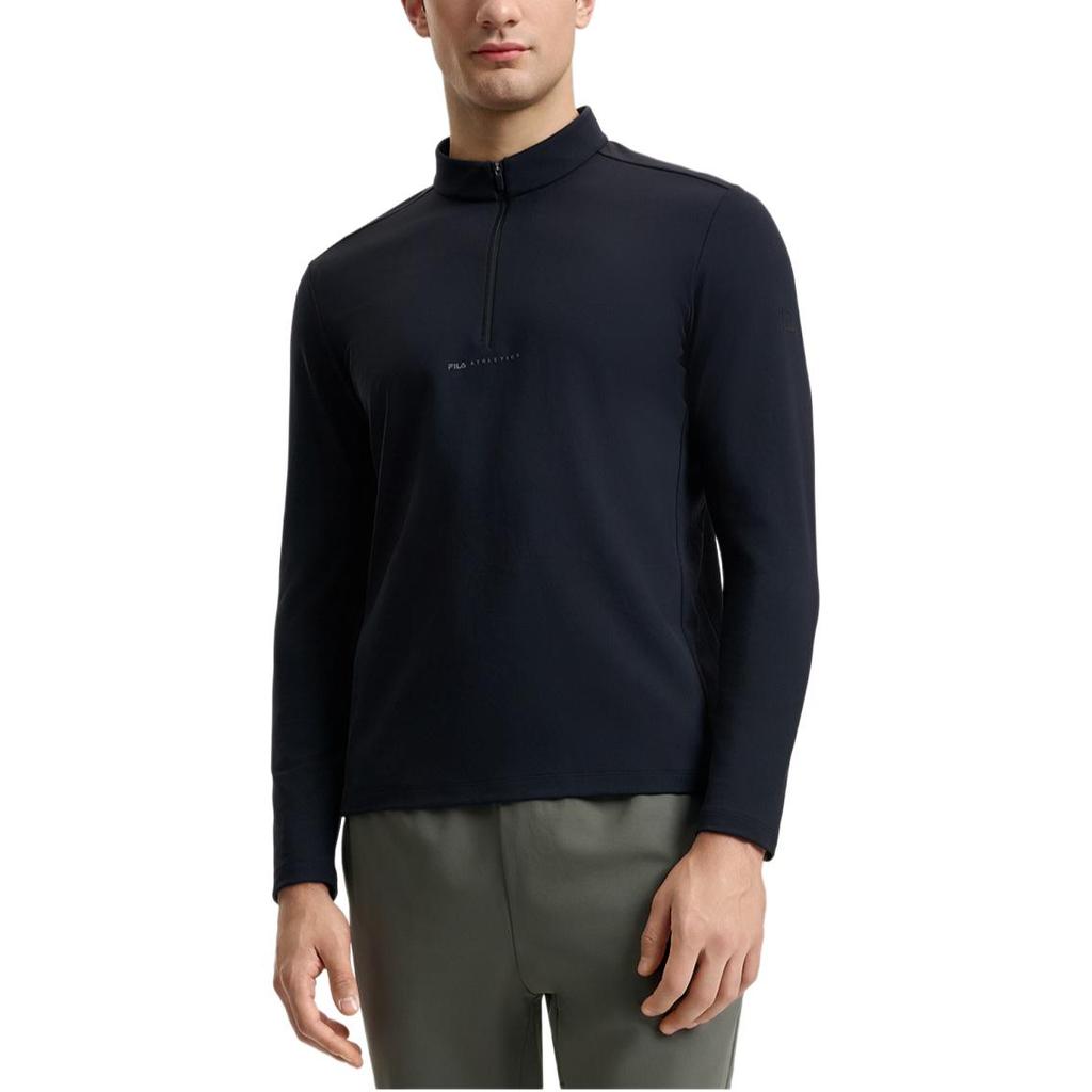 FILA Versatile Half-Zip Stand Collar Long Sleeve Breathable T-Shirt Men Tops Deep-Black A11M511201FBK