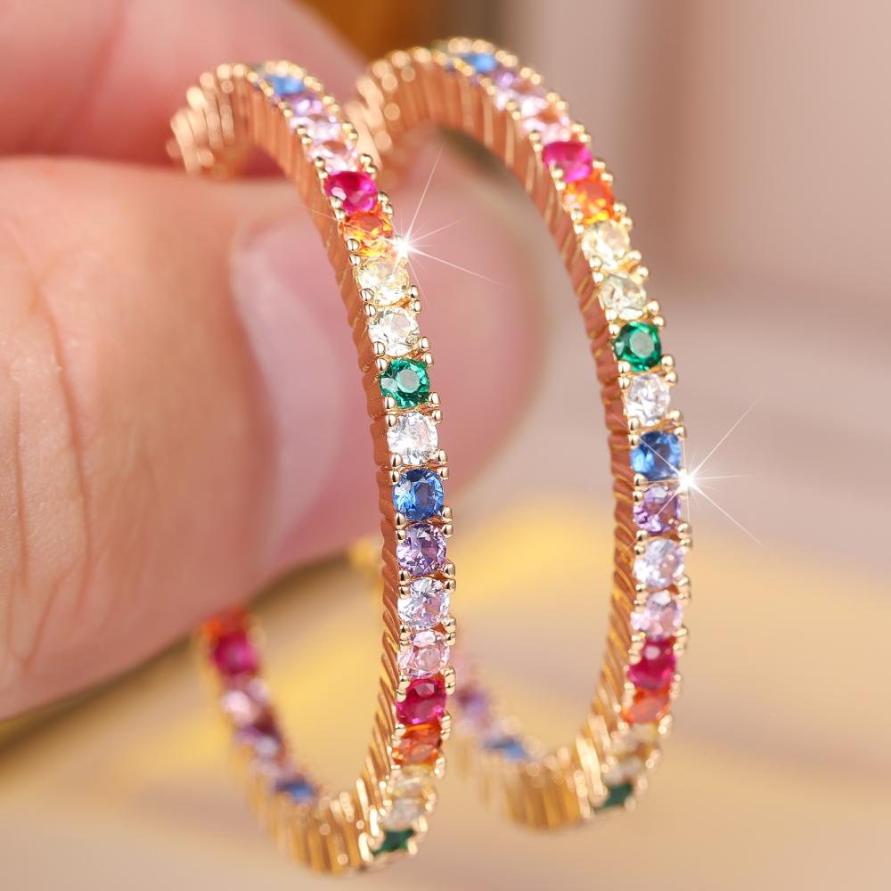 Colorful Gold Tone Hoop Earrings Rainbow Zircon Statement Jewelry Gift for Women Party