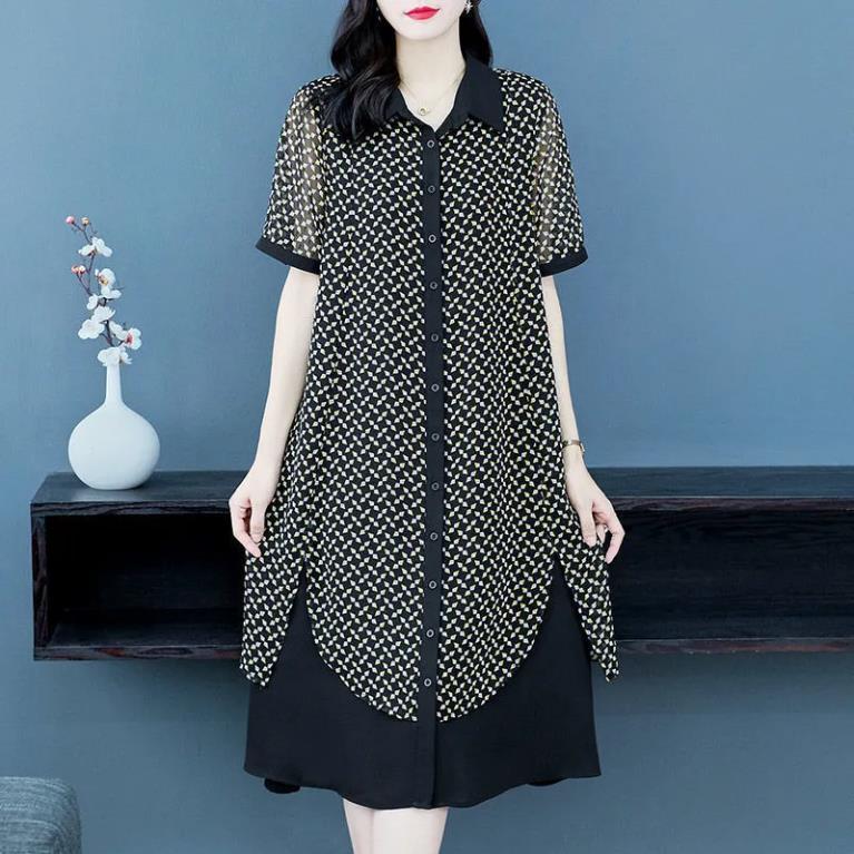 Abito Elegante di Alta Gamma Per la Mamma Completo in Chiffon Ampio Lady Nobile Collo Stile Etnico Vestito di Media Lunghezza