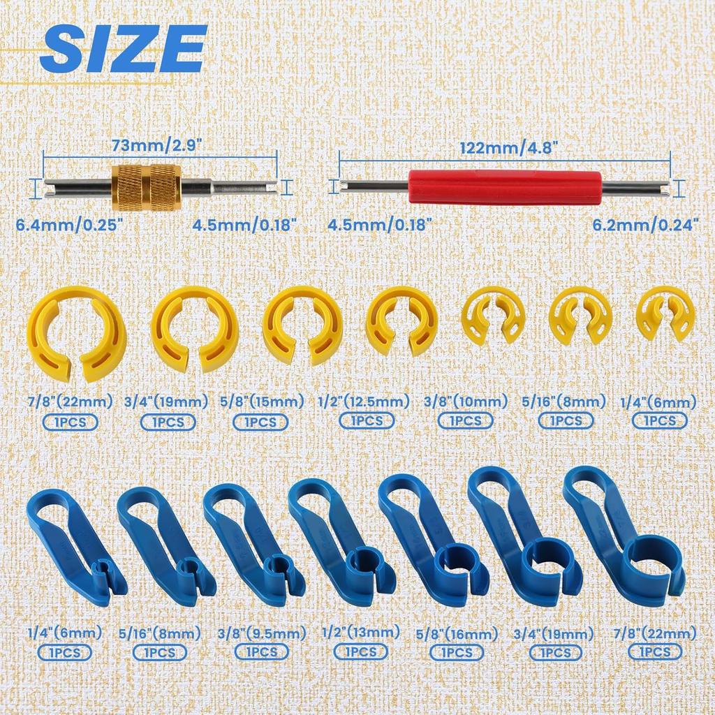 16 Pcs Car Fuel Line Disconnect Removal Tool 1/4 5/16 3/8 1/2 5/8 3/4 7/8 Inch with Valve Core Remover Tool for Quick Release Car AC Fuel Line