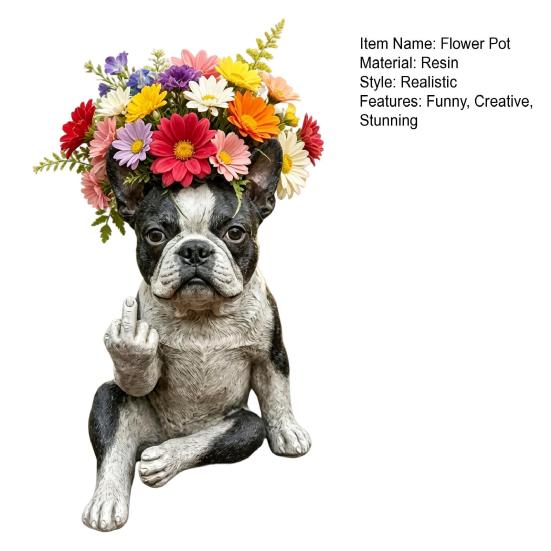 Funny Bulldog Planter Pot, Cute Middle Finger Dog Planter, Small Resin Animal Flower Pot with Drainage Hole for Home Garden Office Desk Decor