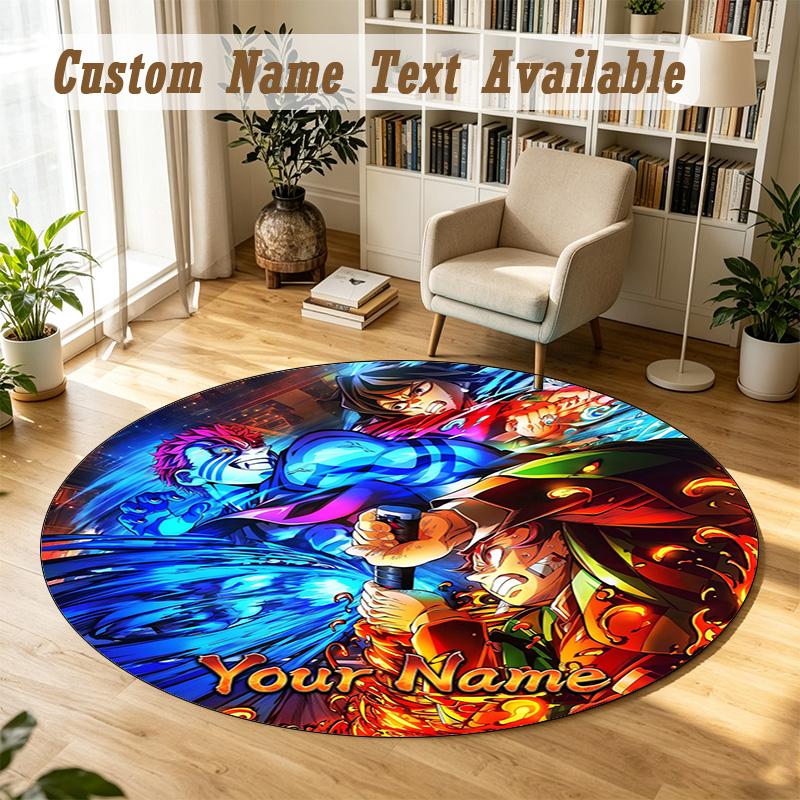 Round Rug Custom NameDemon Slayer Pattern Non Slip Carpet Home Floor Decor