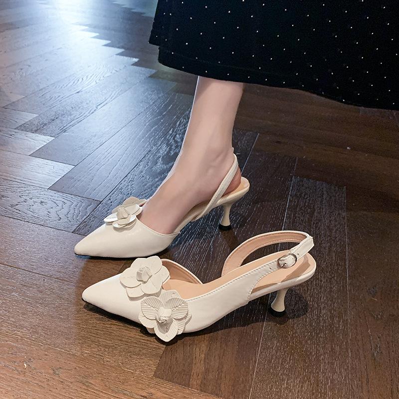 Romantic Pointed Head Bag Head Back Empty French Skirt Shallow Mouth Temperament Women's Flower Thin Heel Single Shoes High Heel Sandals Summer