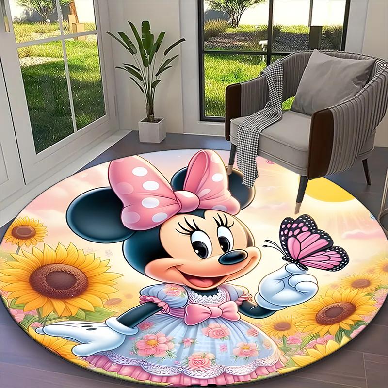 1pc Mickey Mouse Pastel Blue Floral Hearts Rug, Comfortable Printed Home Round Carpet, Cozy Office Chair Rug