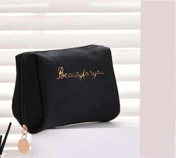 Women's Cosmetic Bag Zipper Velvet Letter Embroidery Solid Make Up Pouch for Cosmetics Toiletry Case Female Make Up Bags