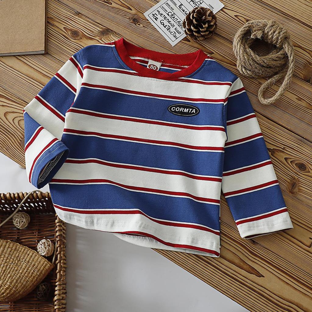 Children's Color-Block Striped Long-Sleeve T-Shirt - Casual and Stylish Round Neck Top for Spring and Autumn