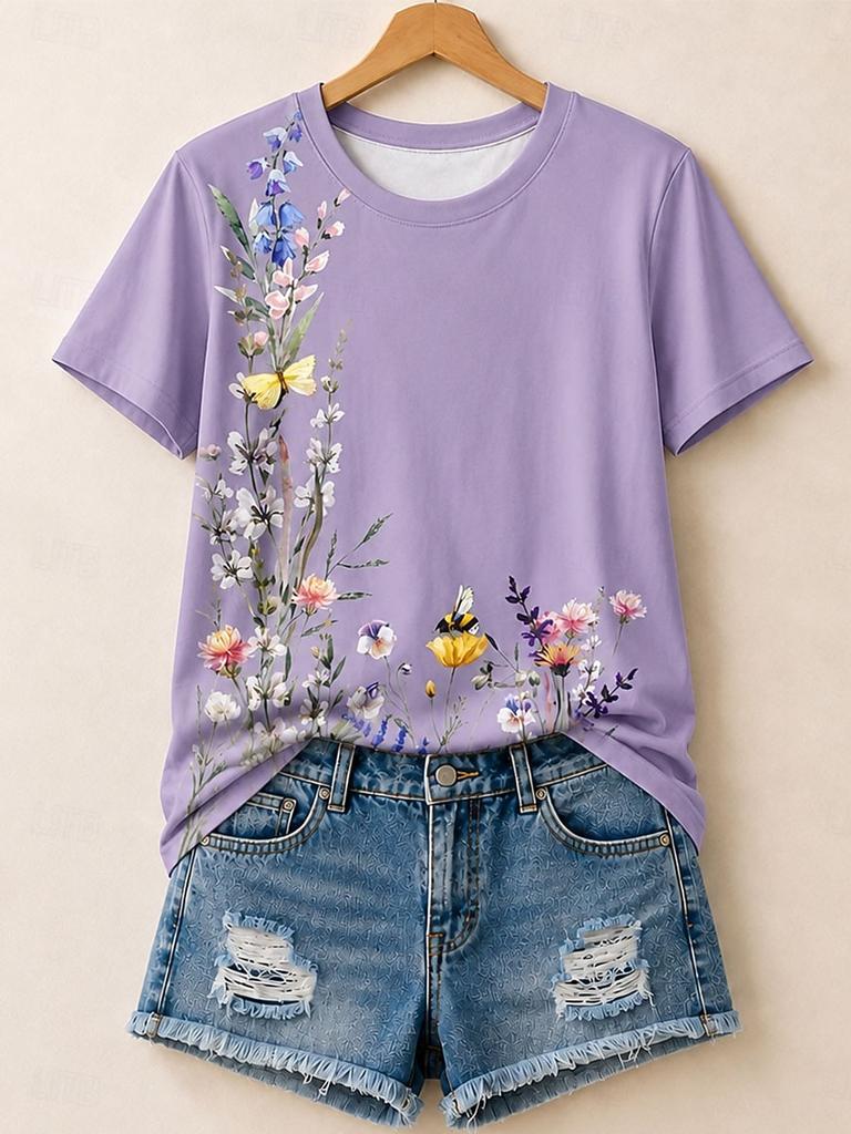 Women's Summer Tops Floral Graphic Plants Elegant Vintage Stylish Short Sleeve Crew Neck Round Neck Regular Tops Casual