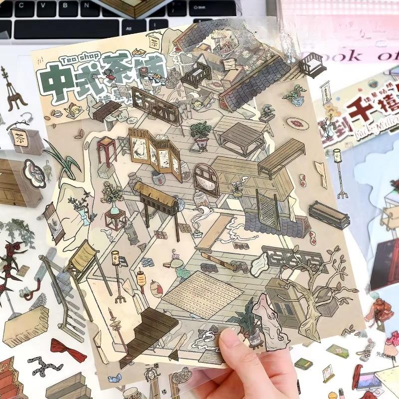 3D Miniature House Sticker Sheet Vintage Diorama Scenery Decals for Journaling Retro Room Landscape Stickers for Scrapbooking