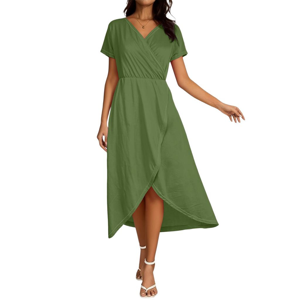 Women's Elegant Loose-Fit V-Neck Short-Sleeve Flowing Resort Dress