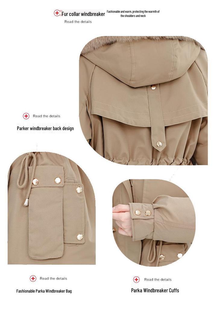 Petite Women's Thickened Down Parka with Fleece, Large Fur Collar, Korean Style, Waist-Cinched Hooded Jacket