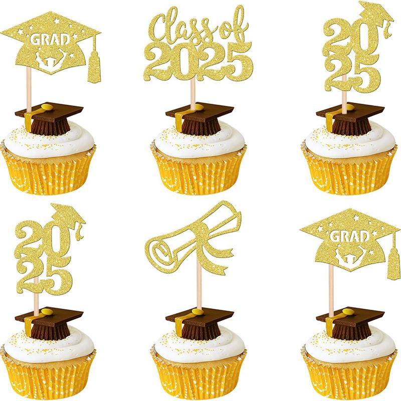 

12Pcs 2025 Graduation Theme Cupcake Toppers Glitter Class Of 2025 Diploma Graduation Cap Cupcake Picks 2025 Graduation Theme золотий