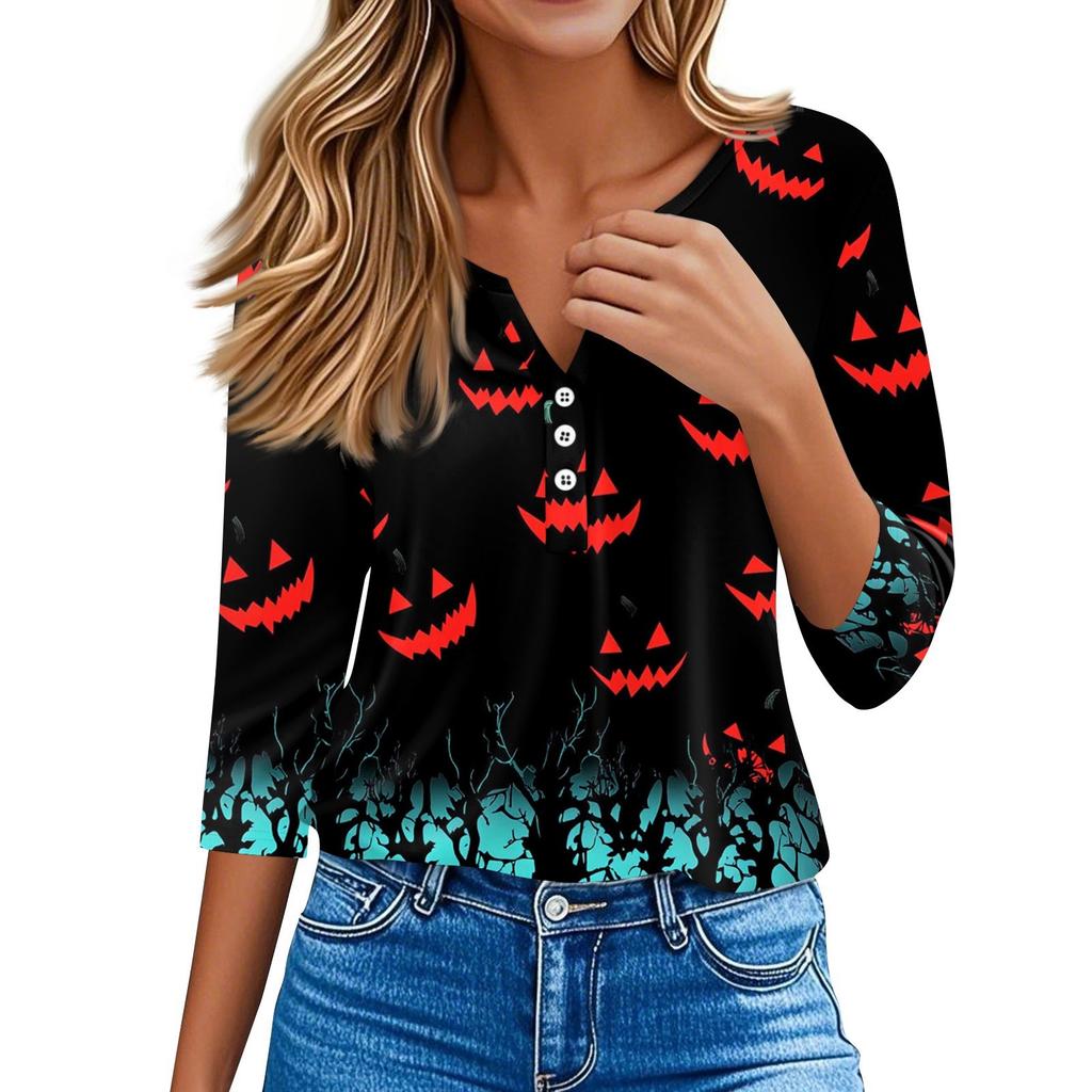Dames T-shirt Tee Halloween Bedrukt Knoop 3/4 Mouw Tuniek Dagelijks Weekend Mode Basic V-hals Normale Top