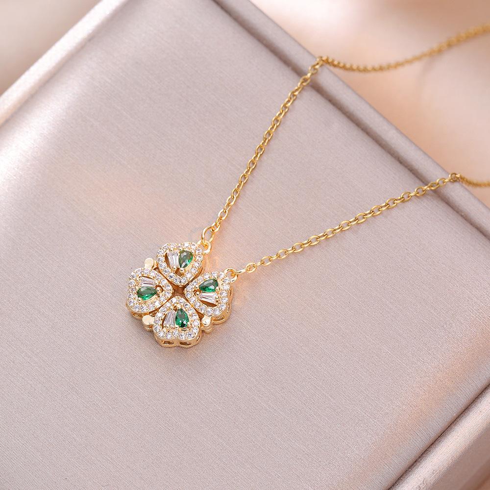 Women's Japanese Korean Folding Fashion Two-Wearing Four-Leaf Flower Heart-to-Heart Clavicle Necklace Zircon Copper Water-Wave