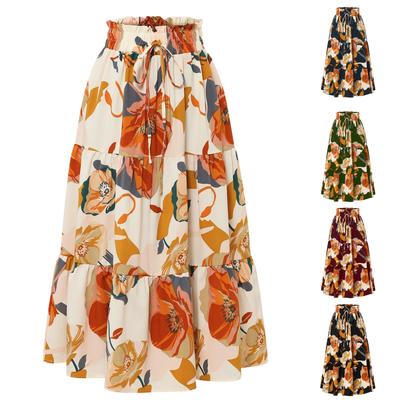 Women's Fashion  Pleated Floral Print Elastic Waist Loose Lace Skirt