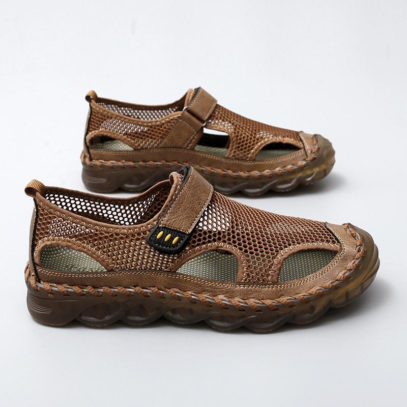 Men Outdoor Hiking Sandals Black Leather Closed Toe Grey Beach Shoes Wide Handmade Sandals Large Size for Father