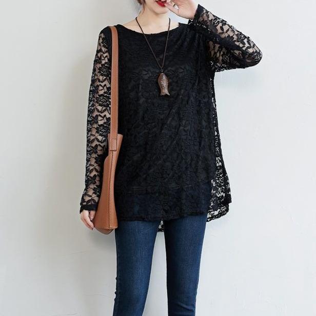 Spring Autumn Women's Round Neck Lace Blouse Mid-Length Loose Hollow-Out Plus Size Blouse