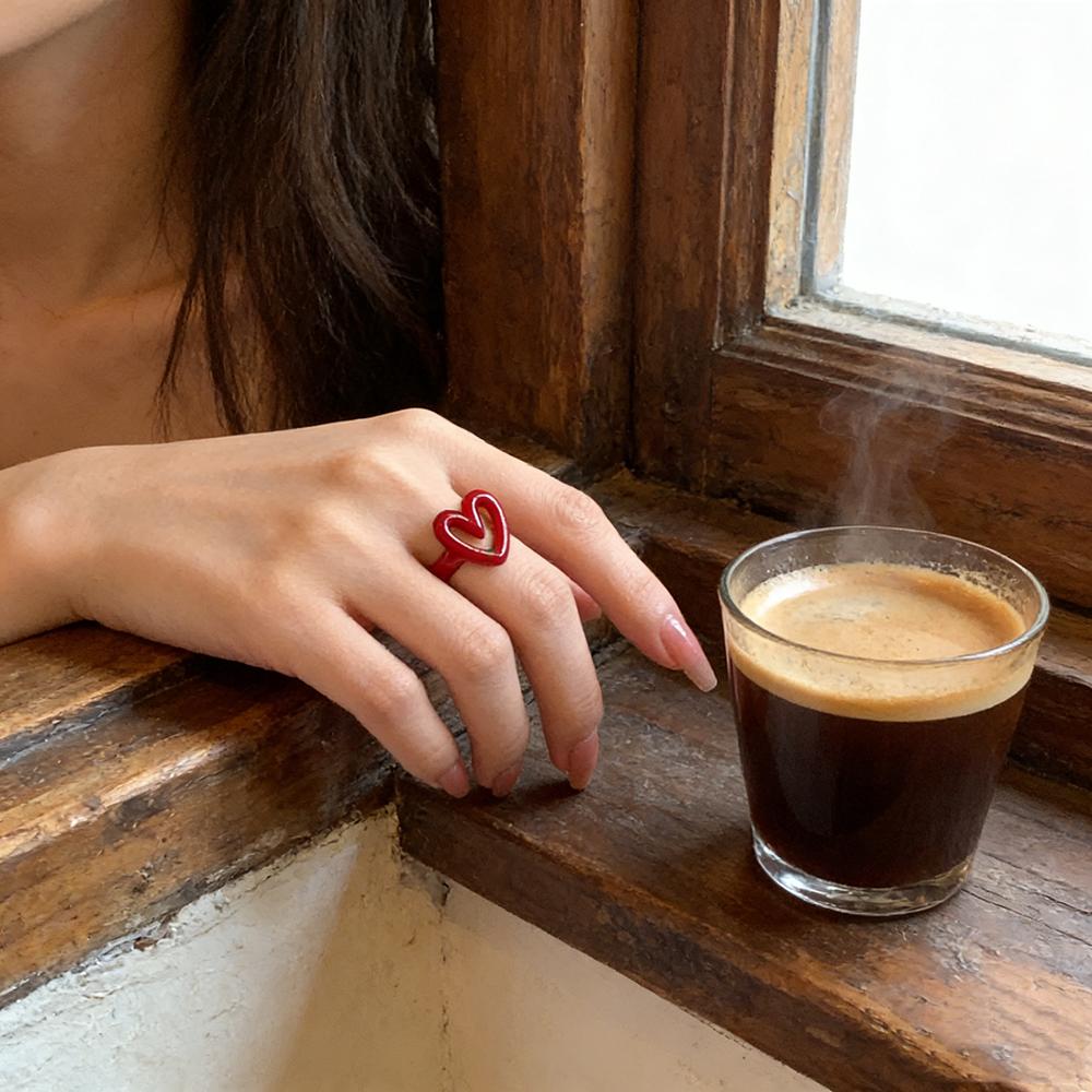 Women Red Adjustable Ring Simple Heart Shaped Rings Party Jewelry Gift