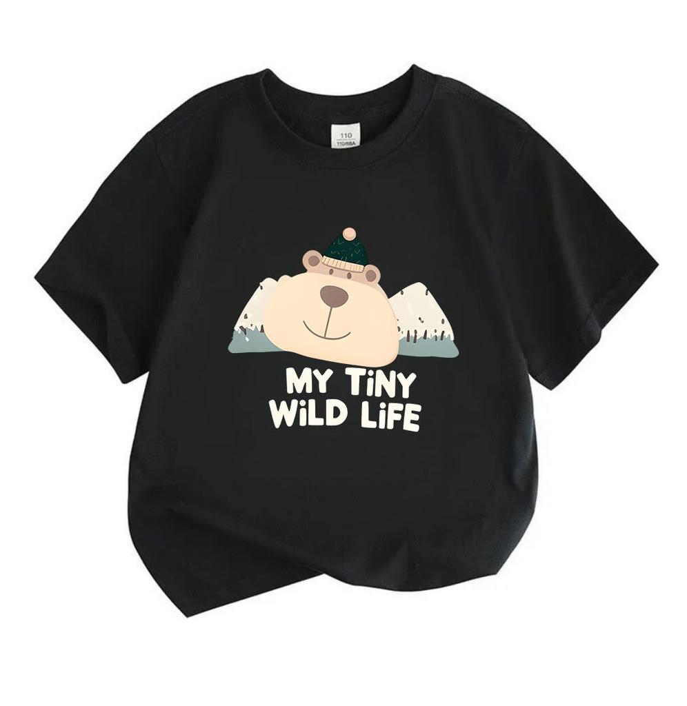 Toddler Kids Boys Girls 100% Cotton Crew Neck Short Sleeve T-Shirt, Cute Cartoon Bear My Tiny Wild Life Print Casual Soft Breathable Summer Tee for Li