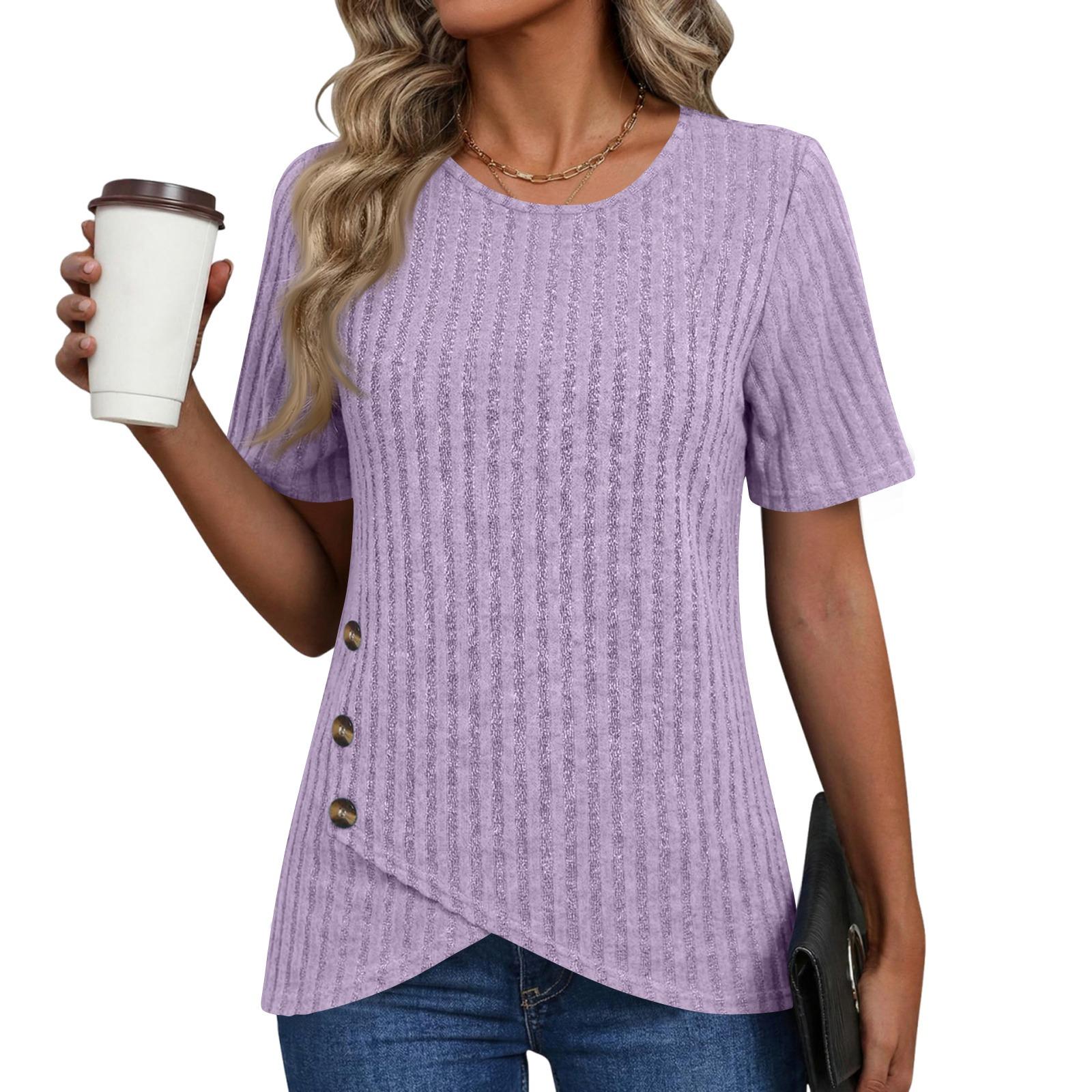 

Women’s Short Sleeve Crew Neck Top with Decorative Buttons and Pleated Ribbed Knit Design for Daily Wear XXL фіолетовий