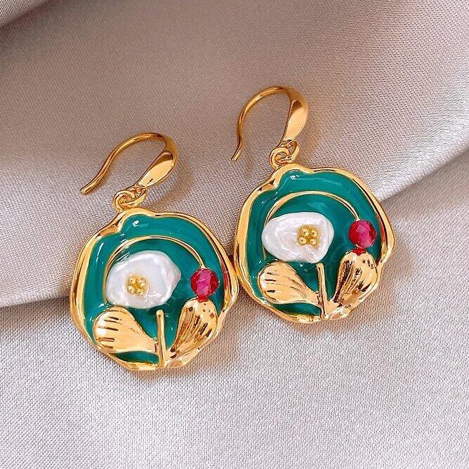 Vintage Oil Painting Style Stud Earrings for Women French Romantic Style Flower Shaped Enamel Pearl Luxury Jewelry Elegant Gifts