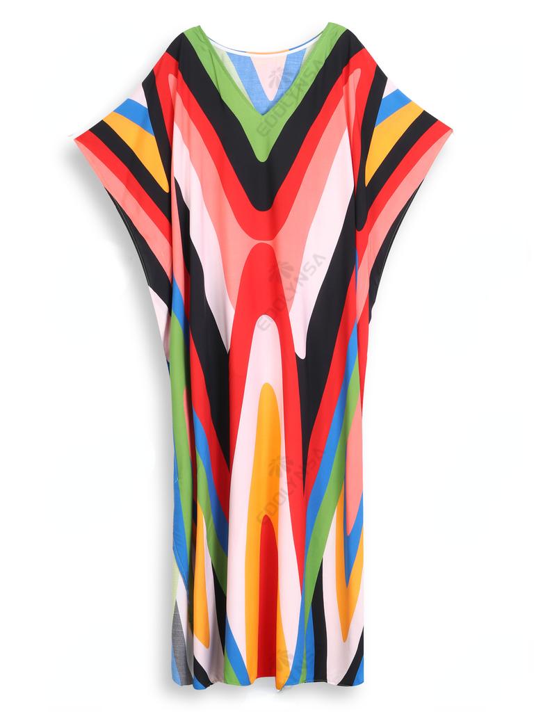 EDOLYNSA Plus Size Kaftan Orange Black Red Striped Summer Long Beach Shirt Dress Women Homewear Outfit Swim Suit Cover Up Loose Caftan