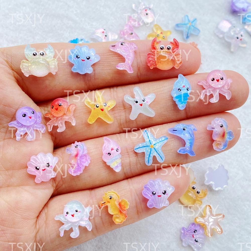 50Pcs New Nail Art Mini Cartoon Ocean: Dolphins, Crabs, Starfish, Shells Charms Rhinestones DIY Craft For Nail 3D Decorations