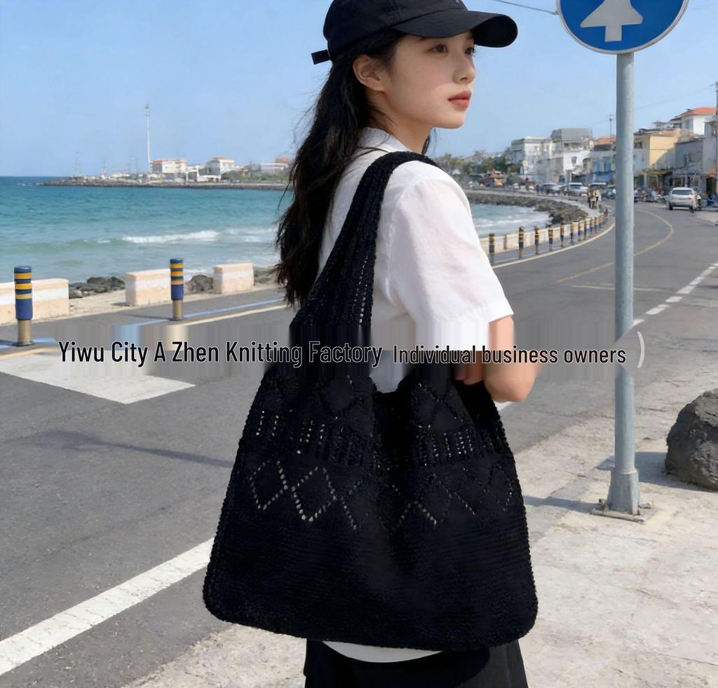 Korean Chic Crochet Mesh Shoulder Bag – Women’s Hand-Knitted Large Tote for Summer Beach
