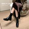 South Korea Dongdaemun thick heel square head short boots women's zipper leather Internet celebrity boots versatile Korean women's leather boots