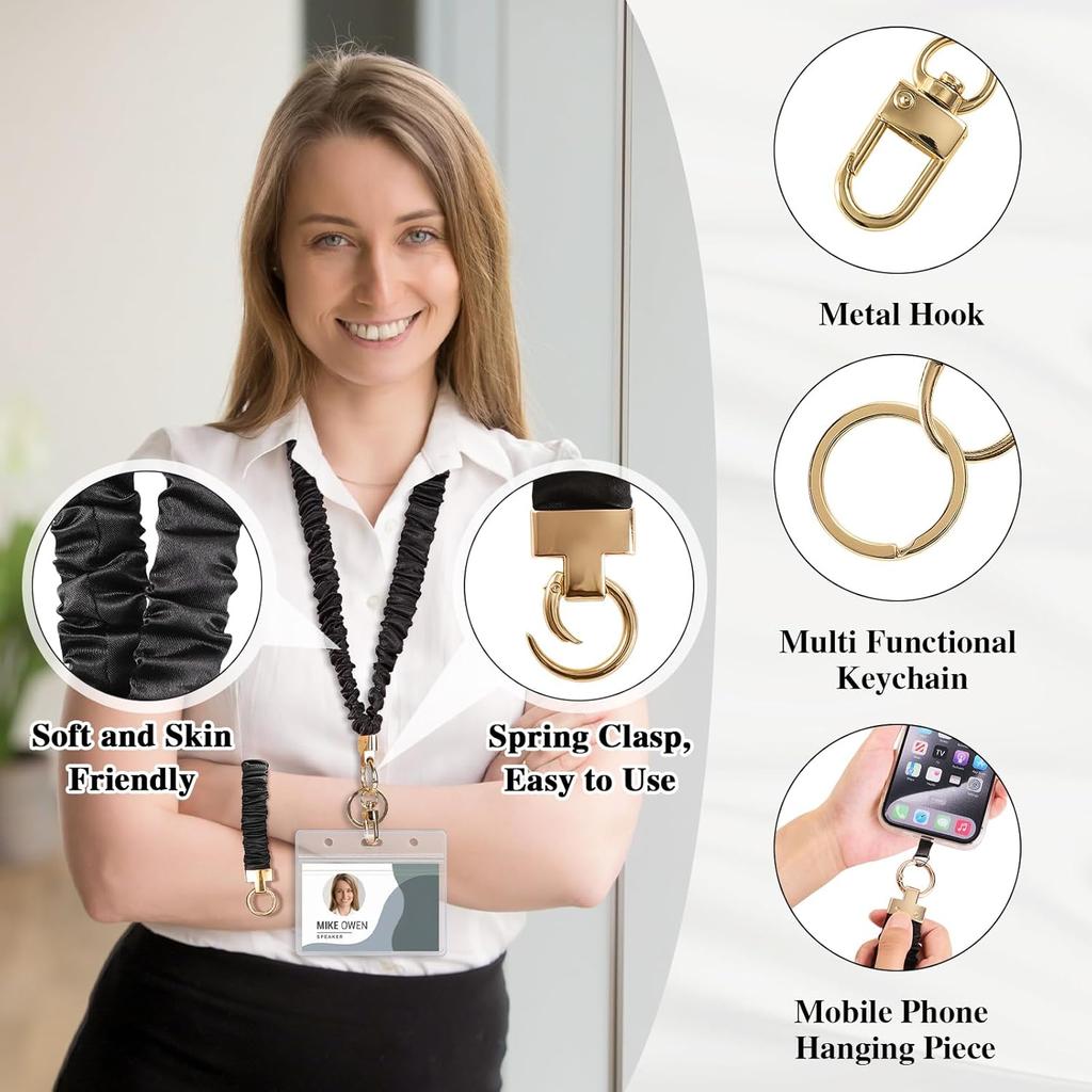 Scrunchie Lanyard with ID Holder Teacher Lanyards for ID Badges and Stretchy Scrunchie Keychain Wristlet for Women (Black)