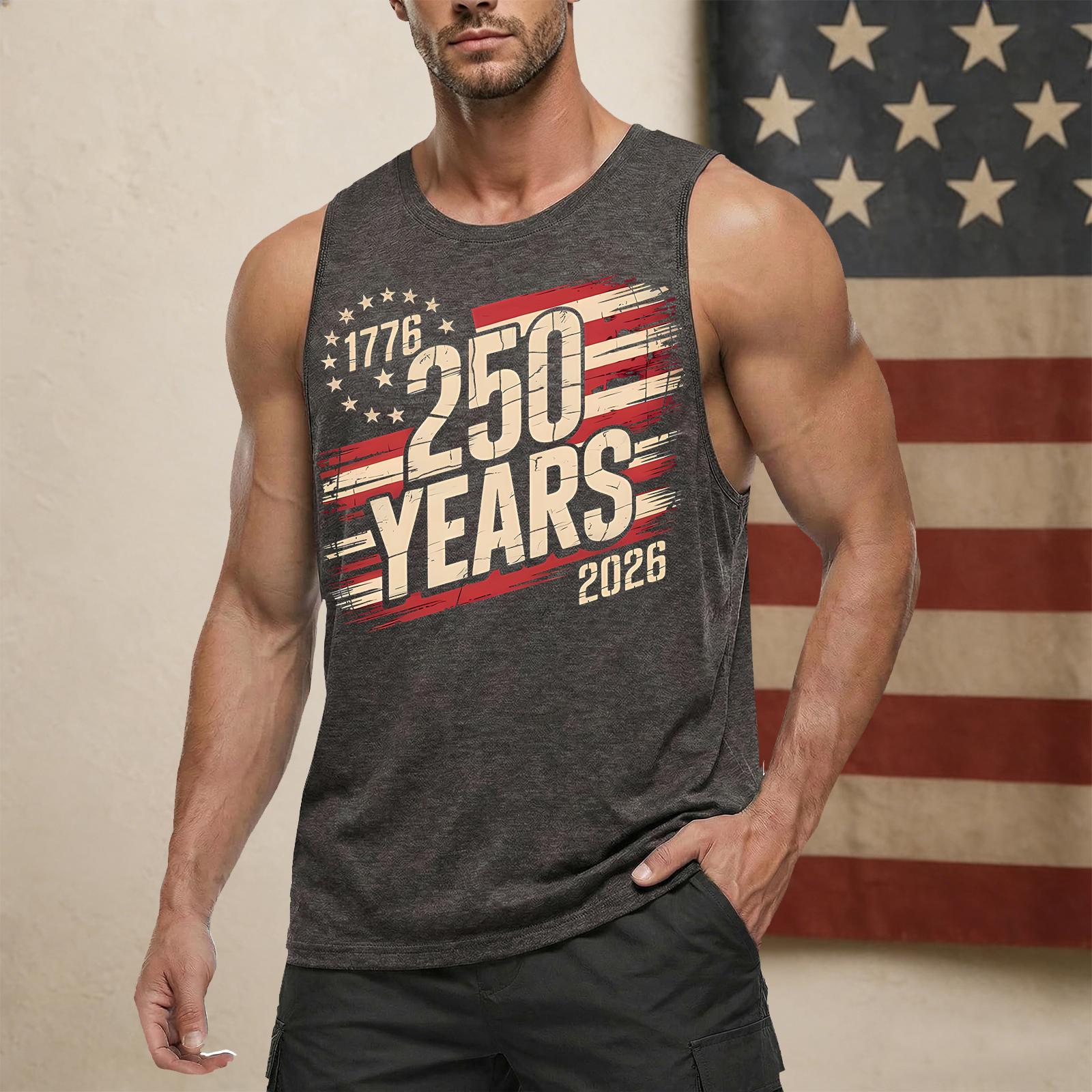 

Men’s Sleeveless Crew Neck Tank Top with 250 Years Print Casual Muscle Fit Vest 1776 2026 Graphic Lightweight Shirt for Everyday Wear XL