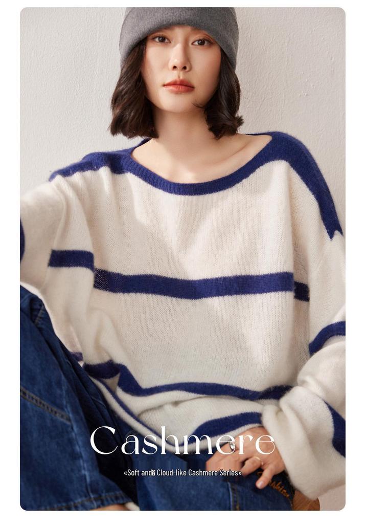 Women's Off-Shoulder Striped Cashmere Sweater - 2026 Autumn/Winter Collection: Simple, Stylish, and Warm.